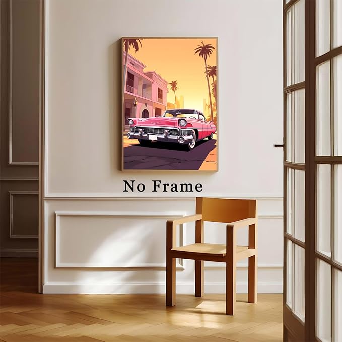 Pink Car Canvas Palm Tree Artwork Southwestern Canvas Wall Prints Pink Desert Painting Desert Mountain Wall Art Vintage Summer Poster Trendy Preppy Painting Summer Aesthetic Prints 16x24inch Frameless