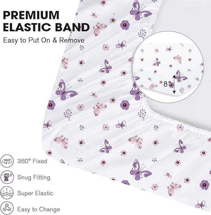 Little Grape Land Crib Sheets Girl 4 Pack, Baby Crib Sheets for Standard Crib & Toddler Mattress, Super Soft Breathable Crib Sheet Set for Girls, Floral & Butterfly