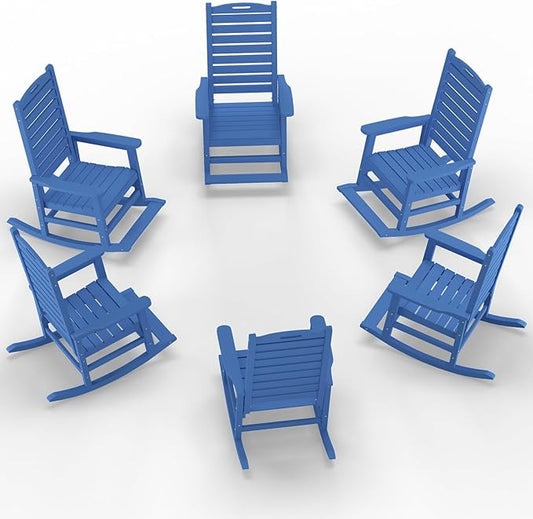Outdoor Rocking Chair Set of 6 with Removable Footboard for Adults, HDPE High Back Patio Rocking Chairs, 330lbs All Weather Porch Rocking Chairs for Outdoor & Indoor -Navy Blue