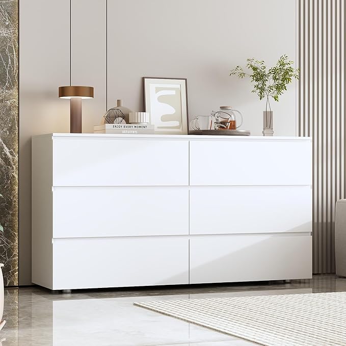 FAMAPY Chest of Drawers Dresser No Handles, 6 Drawer Dresser with Wide Storage, Modern 6-Drawer Chest, for Bedroom White 59”W x 15.7”D x 32.3”H