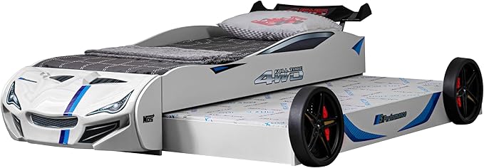 Furniture of America Redvers Modern Wood Twin-Size Kid Bed with Race Car Design and Pull-Out Trundle, No Box Spring Required for Toddler, Teens, Boys or Girls, White
