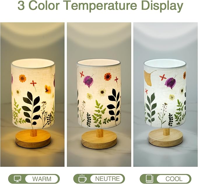 Pressed Flowers Table Lamp 5W LED 3Color Temperatures Dried Flower Bedside Lamp Linen Shade with Wood Base for Bedroom Living Room Desk Office
