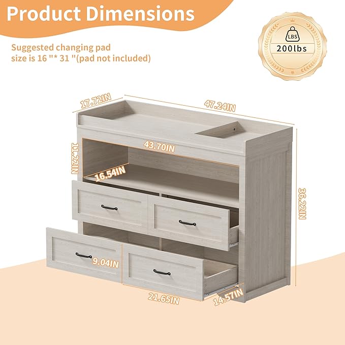47.2" Beige Nursery Dresser with 4 Drawers and 1 Open Shelf Changing Table Dresser with Changing Table Top Diaper Changing Station with Storage for Nursery Children's Room