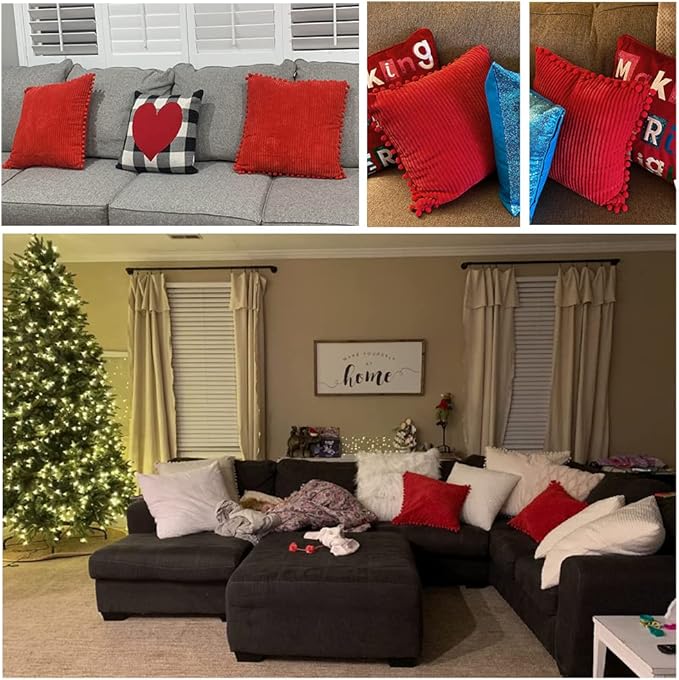 Fancy Homi Pack of 2 Red Decorative Throw Pillow Covers with Pom-poms 18 x18, Soft Corduroy Solid Square Cushion Cases Set for Couch Sofa Bedroom Car Living Room (18x18 Inch/45x45 cm, Red)