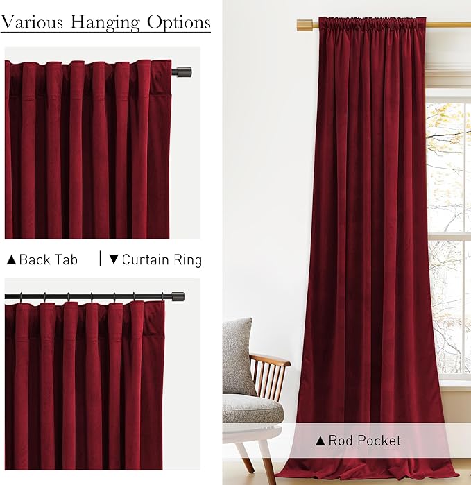 StangH Christmas Red Velvet Curtains Back Tab Room Darkening Thermal Insulated Window Drapes Home Theater Curtains Luxury Decor for Bedroom Living Room, W52 x L84, 2 Panels