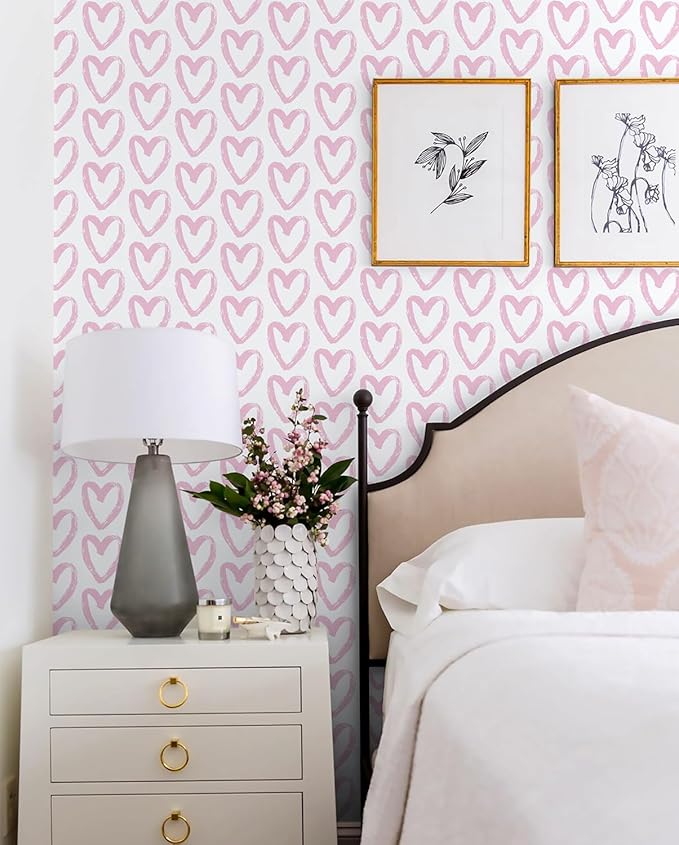 Timeet Pink Heart Wallpaper Peel and Stick Wallpaper Modern Wallpaper Pink White Contact Paper 17.7"x393.7" Self Adhesive Removable Wallpaper for Bedroom Kids Room Wall Decor