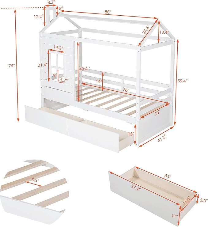 Merax Twin Size House Bed with 2 Drawers, Twin House Shaped Bed Frame for Boys Girls, Wooden Bed Frame Twin Size with Roof, No Box Spring Needed, White