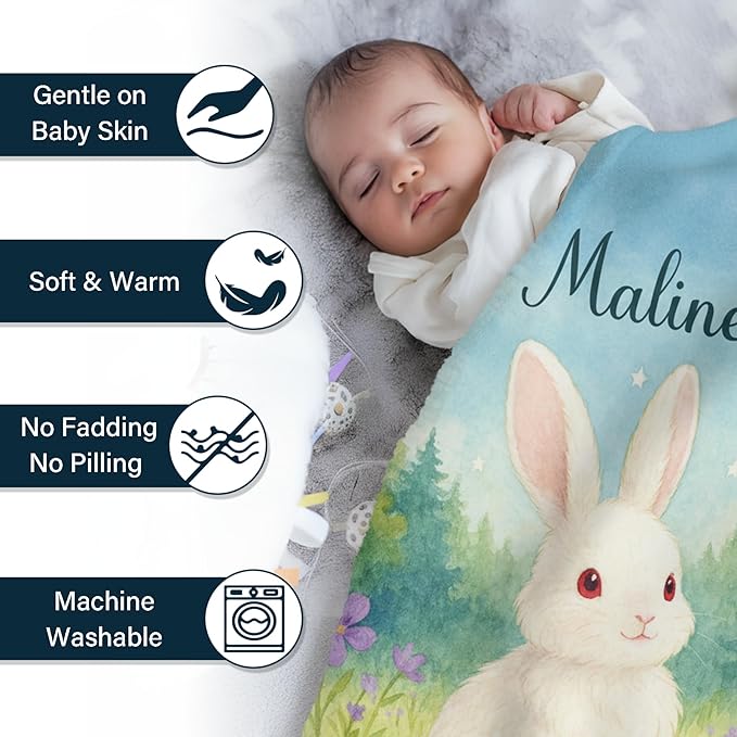 Ship Next Day Personalized Baby Blanket for Kids, Custom Baby Blanket with Name, Super Soft Flannel Blankets, Custom Cute Rabbit Animal Blankets Baby Gifts for Christmas.