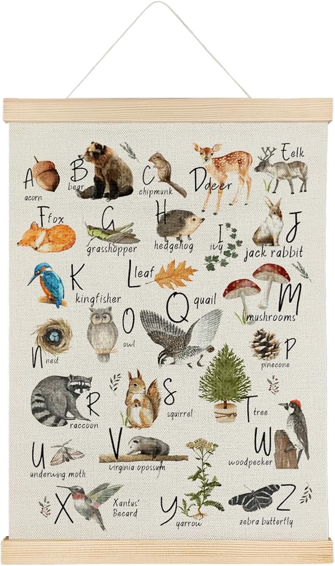 Qvapt Wild Animals Alphabet Poster,Jungle Animals Classroom Decor,Animal Alphabet Canvas 12x16 Print Wall Art Classroom Posters with Hanger