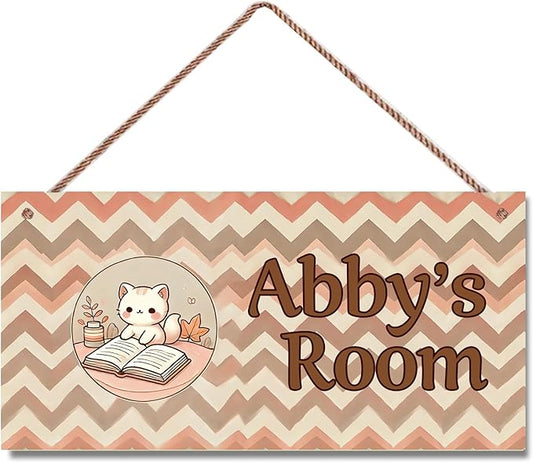Personalized Kids Door Sign Cat Reading Book Bedroom Nursery Personalized Name Wooden Sign Décor For Kids Room