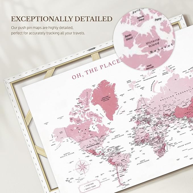 ElephantStock - Places You'll Go Push Pin World Map Wall Art - Horizontal Canvas Wall Art - Living Room Wall Decor - Digital Art Map Canvas Art - White And Pink Decor - 48" x 32"
