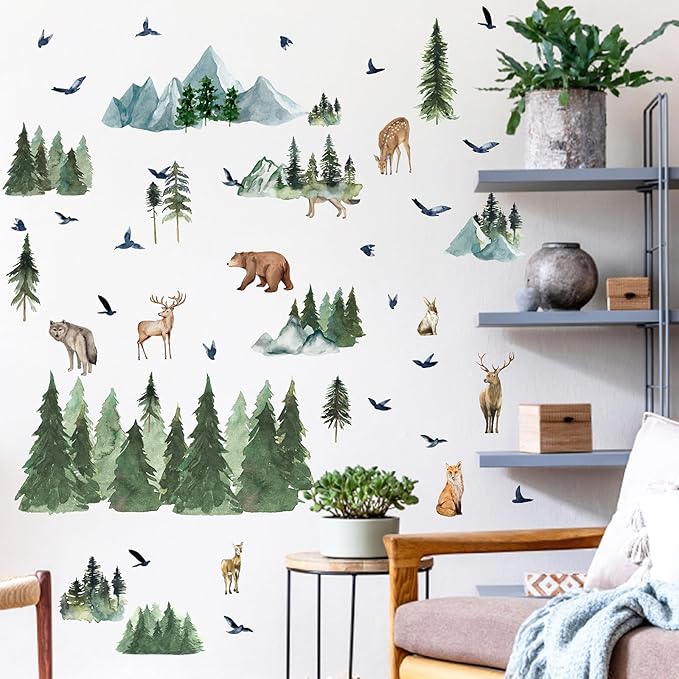 Mountain Tree Wall Decals Watercolor Pine Tree Wall Decals Large Woodland Wall Stickers Forest Flying Birds Deer Fox Bear Animal Wall Stickers for Nursery Kids Room Bedroom Decor