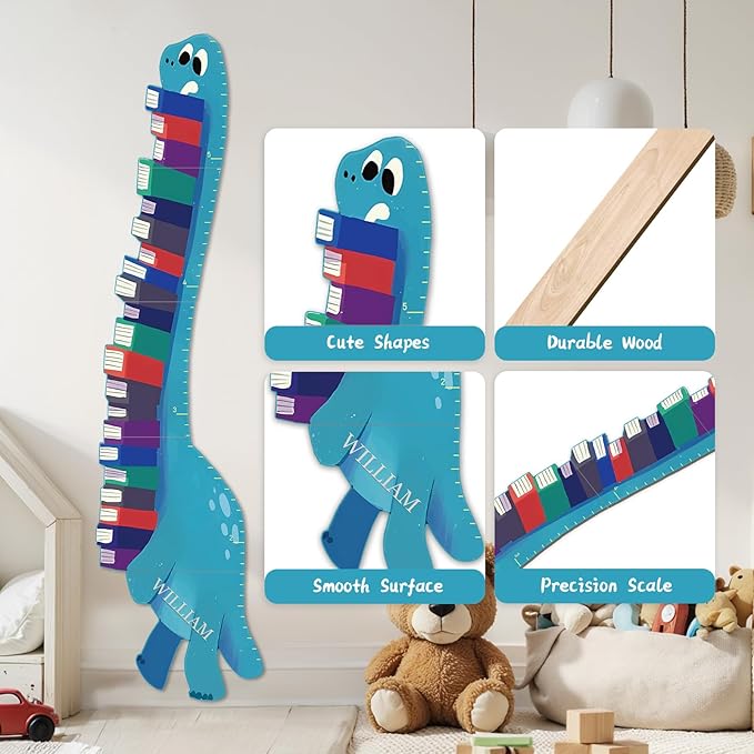 Personalized Name Growth Chart for Wall, Dinosaur Book Wooden Growth Chart Kids Height Chart,Growth Ruler for Toddler Playroom Decor 62.4" x 15.5"