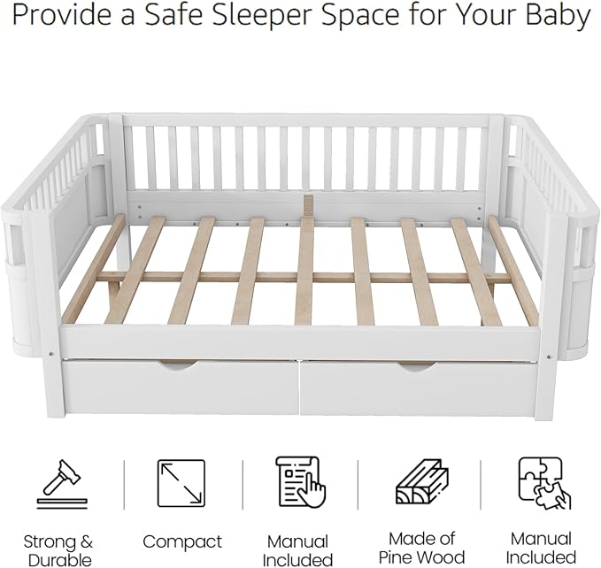 Full Size Kids Bed Frame with Rails, Wood Montessori Bed Full with 2 Storage Drawers &Slats Support, Modern Daybed with Removable Bed Rails for Girls Boys Bedroom Living Room, White