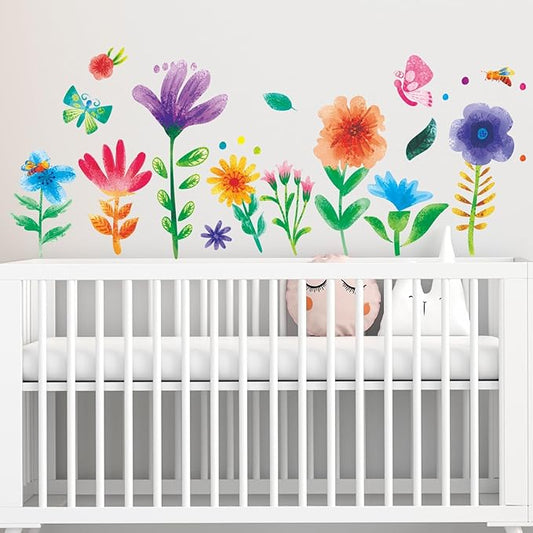Watercolor Flower Wall Stickers - Kids Baby Boys Girls Toddler Garden Preschool Floral Wall Decals - Nursery Playroom Classroom Daycare Bedroom Home Wall Decor