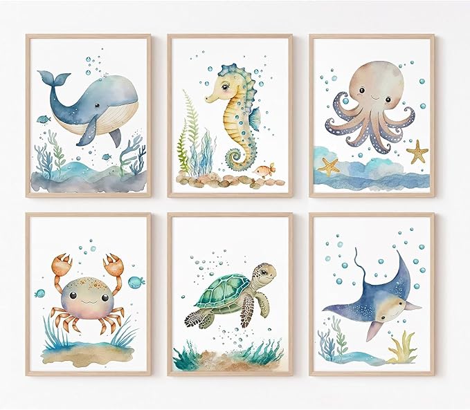 Wodkwq Nursery Wall Art Sea Animal Canvas Prints Baby Girl Boy Room Decor Watercolor Paintings Pictures Cute Ocean Theme Toddler Room Decoration Set of 6 for Kids Bedroom Bathroom 8x10in Unframed