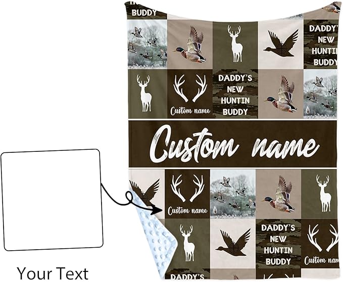 Personalized Baby Blanket with Name – Ducks Antlers Pattern Soft Receiving Blanket for Newborn Boys, Custom, Hunting Theme Nursery Decor for Toddlers