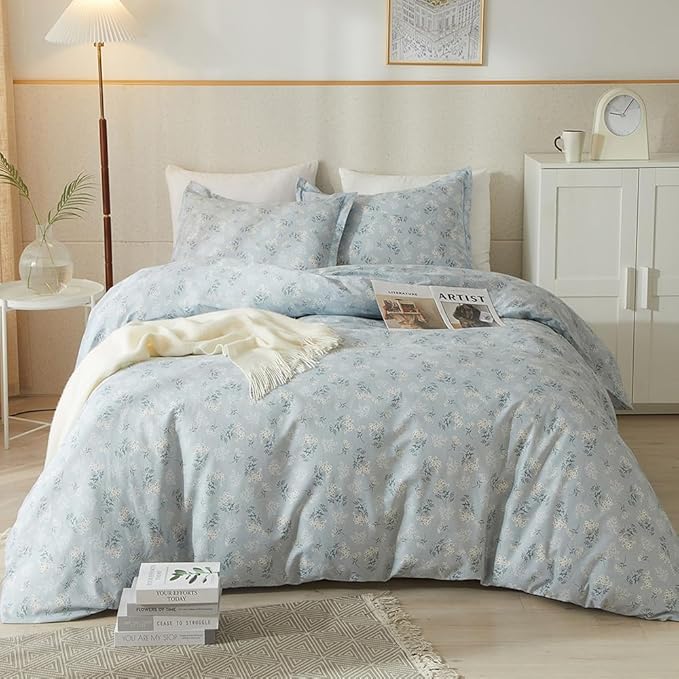 HighBuy Boho Floral Duvet Cover Full Cotton Aesthetic Blue Floral Full Comforter Cover Set Lightweight Soft Garden Style Bedding Set Full Duvet Cover Set Zipper Closure Breathable Full