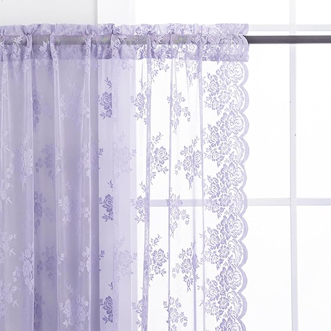 Light Purple Sheer Curtains 45 Inch Length, 2 Panels, W42 x L45 Inch Each, Country Rustic Floral Vintage Lace Curtains for Closet Bathroom Window, Rod Pocket Privacy Light Fitlering Lace Tier Curtain