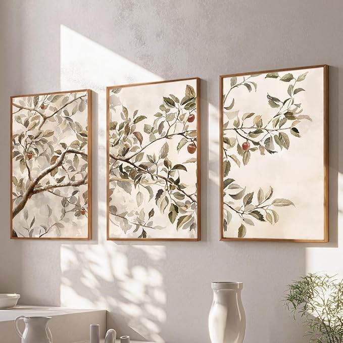 HLNIUC Apple Tree Vintage Framed Wall Art Set, Botanical Branch Canvas Wall Decor, Rustic Farmhouse Leaves Wall Painting, Retro Nature Plant Art Print for Living Room, Bedroom, Office - 24"x36"x3