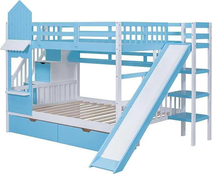 Full-Over-Full Bunk Beds Castle Style Bunk Bed with 2 Drawers 3 Shelves and Slide - Blue