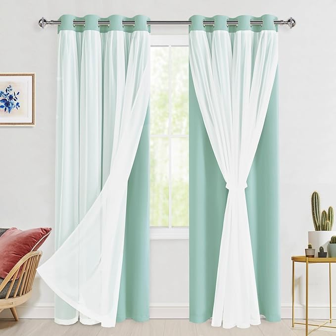 Hiasan Aqua Blackout Curtains with Sheer 84 Inches Long, Thermal Insulated Mix Match Double Layer Room Darkening Curtains for Bedroom, Living Room, 2 Window Drape Panels with Tiebacks, 52W X 84L