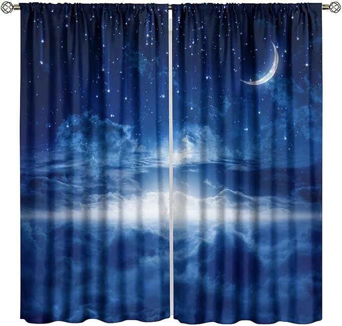 Star Night Sky Blackout Curtains, Moon Foggy Clouds Landscape Theme Print Window Drapes for Kids Girls Bedroom Living Room 63" W X 72" L