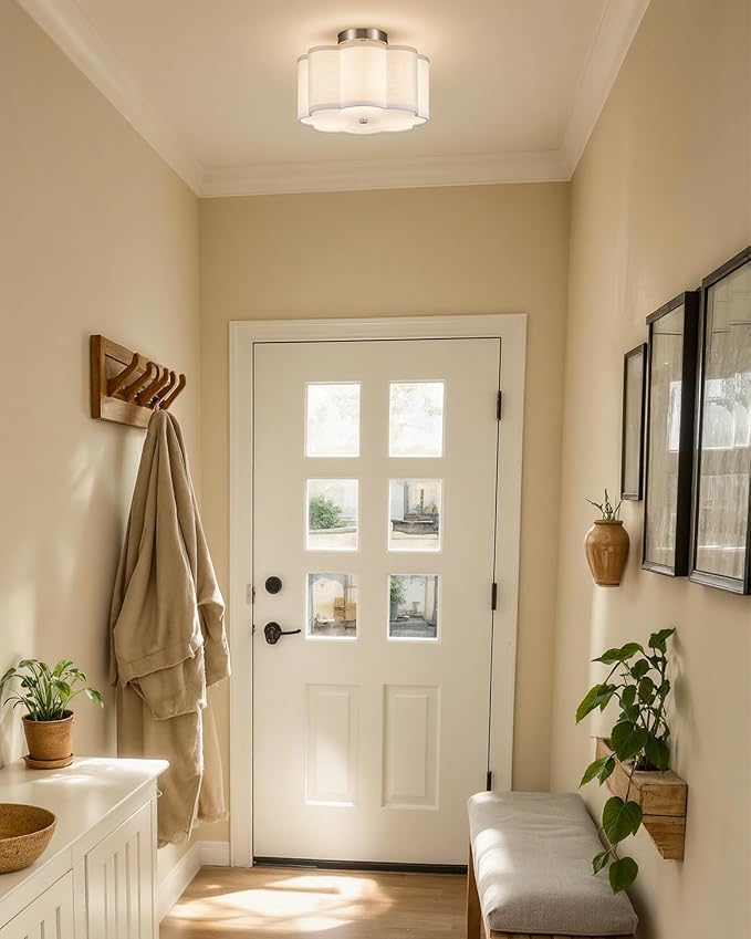 VONLUCE Semi-Flush Mount Ceiling Light, 12.6" Modern 3-Light Ceiling Light Fixture with White Petal-Shaped Shade 3 E26 Sockets for Bedroom Entryway Living Room, Nickel Finish, ETL Certificated