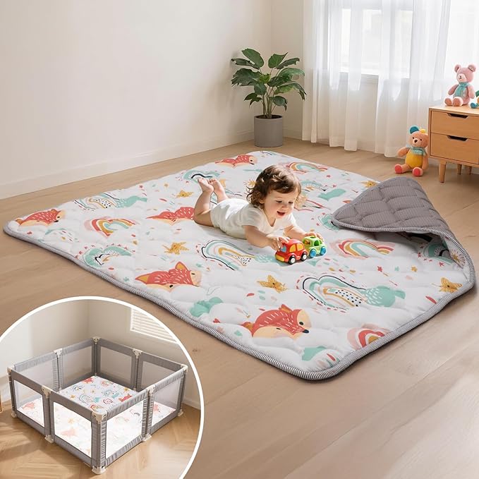 Baby Play Mat for Floor,71x59 Inch Soft Padding Crawling Mat for Playpen, Foldable and Machine Washable, Thick for Babies & Toddlers,Rainbow Fox