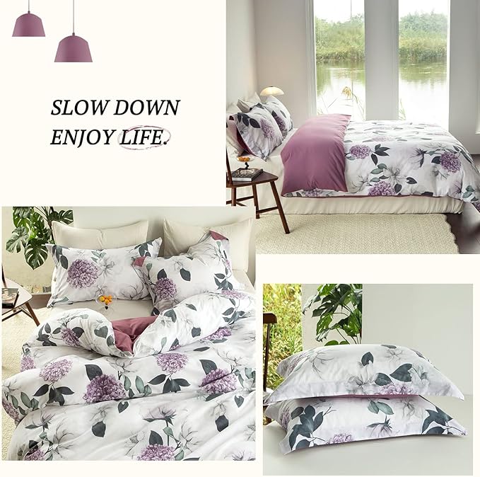 MILDLY 100% Washed Cotton Duvet Cover - Hydrangea Floral Comforter Cover Set Botanical Flower Pattern Bedding Set with Zipper Closure