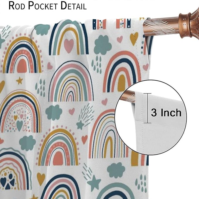 Kids Rainbow Curtains Boho Cartoon Colorful Stars Love Heart Lovely Abstract Art Pattern Print Window Drapes for Girl Bedroom Living Room Kitchen Decor,2 Panel Set,42Wx45H Inch Decor