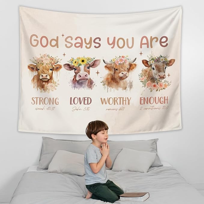 LIANGW Boho Highland Cow Christian Tapestry Wall Hanging for Nursery Decor, Inspirational Classroom Tapestries Aesthetic Boho Kids Room Decor for Bedroom Living Room Dorm, 50x60 inche