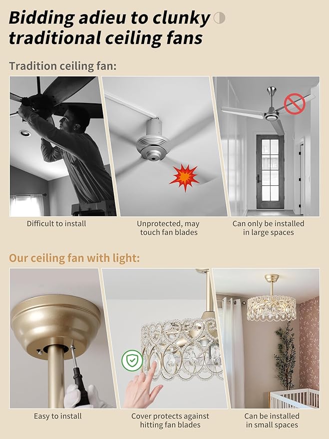 20" Gold Crystal Fandelier Ceiling Fans with Lights, Gold Chandelier Ceiling Fan with Light Remote Control, Mid-Century Modern Caged 6 Speeds for Bedroom, Nursery, Foyer, Living Room