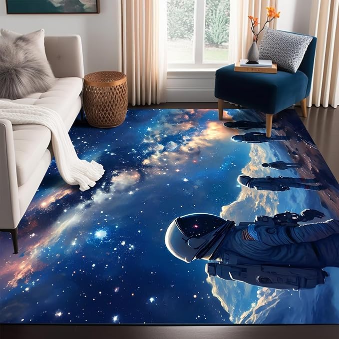 5' x 7' Galaxy Rug for Kids Bedroom Planet Alien Rugs Astronauts Space Carpet Printed Throw Rugs for Boys Children Living Room,150x210cm