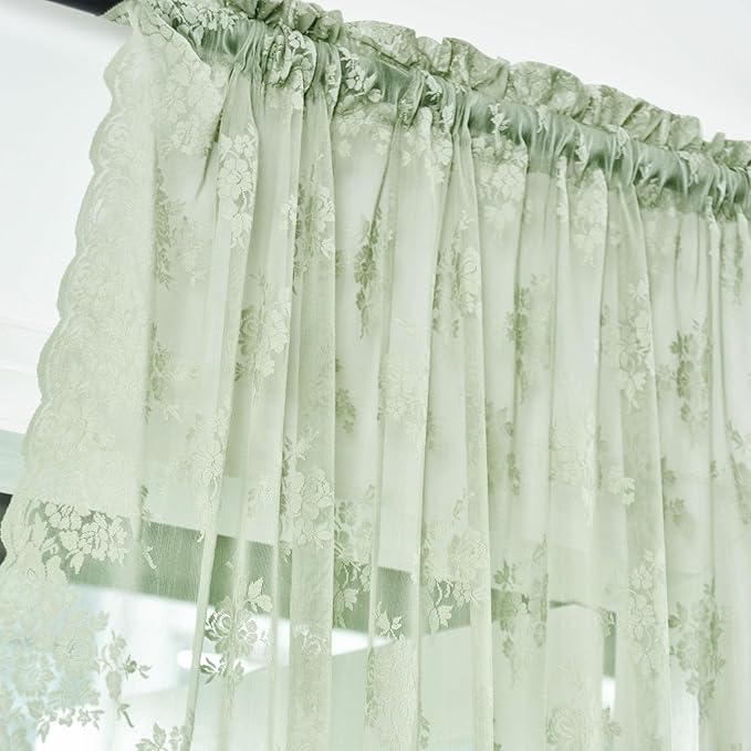 Kotile Sage Green Sheer Curtains 45 Inch Length for Kitchen Window, Country Rustic Floral Spring Sheer Lace Curtains, Rod Pocket Privacy Short Lace Curtains, 52 x 45 Inch, 2 Panels, Sage Green