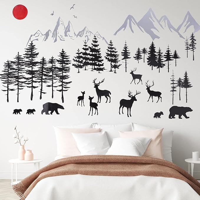 Outus 3 Sheets Mountain Forest Bear Wall Decals Stickers Pine Tree Wall Decals Trees Wall Stickers Deer Forest Decals for Kids Nursery Bedroom Living Room Decor,11.8 x 35.4 Inches