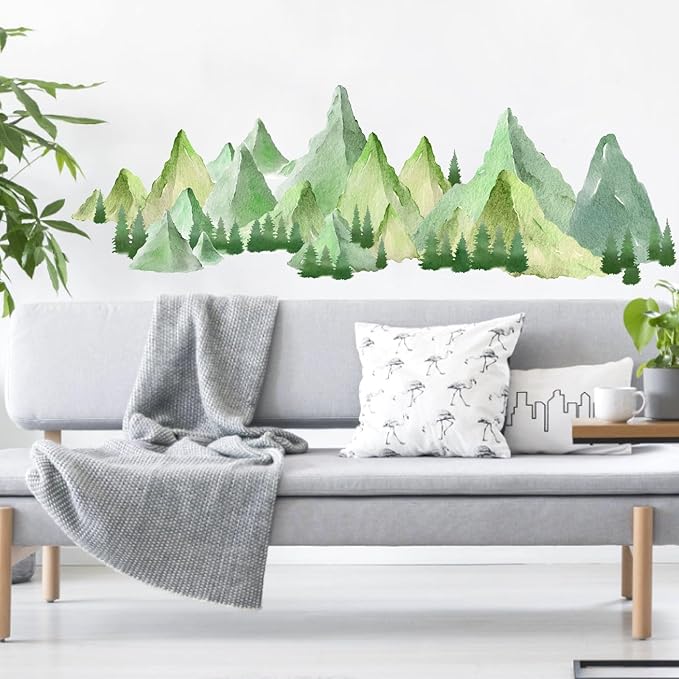 Watercolor Mountain Wall Decal Large Mountains Tree Wall Stickers Peel and Stick Green Pine Tree Decals Nature Art Big Mountain Stickers Forest Decal for Bedroom Living Room Decor