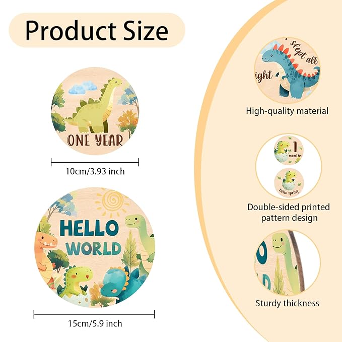 Baby Monthly Milestone Cards Sign - 13Pcs Double Sided Dinosaur Milestone Cards, Dino Pattern Wooden Circles Discs for Photo Props Newborn Announcement Marker, Baby Shower Newborn Sign Card Gift Set