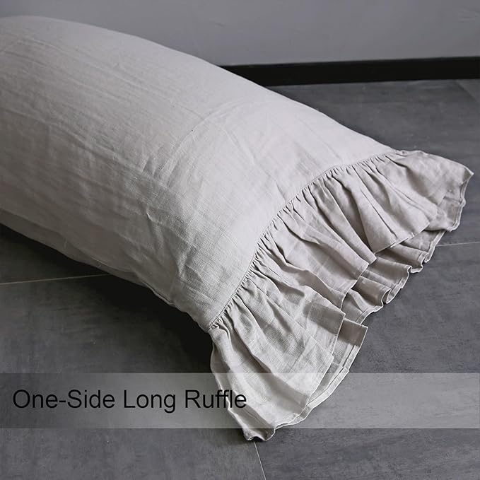 Ruffles Linen Pillowcase. Pure Flax Pillow Sham 100% French Linen Ruffled Pillow Cover, Standard, Queen, King Size 1 PCS (King, Silver)