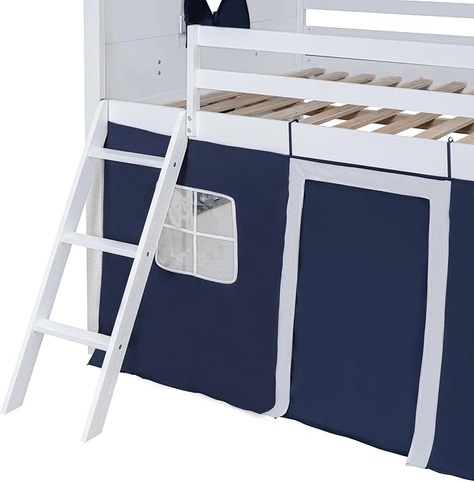 Twin Size House Bunk Bed with Elegant Windows and Sills, Solid Wood Tent Bed Frame with Guardrails for Kids Teens Boys Girls, Versatile Spacious Under Bed Space with Curtains (White+Blue T)