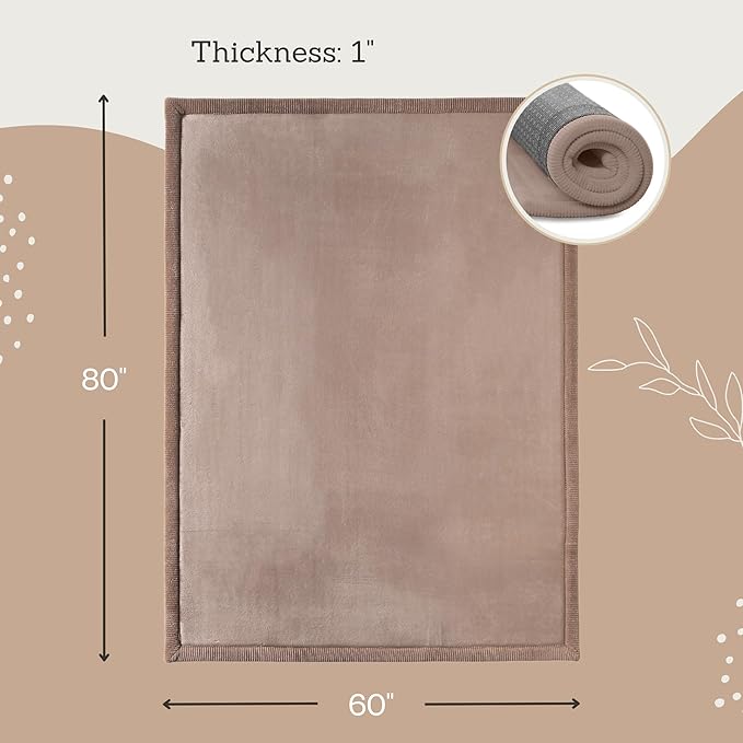 Stylish Coral Velvet Baby Play Mat for Floor 60" x 80" Brown – Soft 1" Thick High-Density Memory Foam Nursery Rug,Kids Rug with Non-Slip Backing for Crawling & Playing, Playroom Rug, Kids Carpet