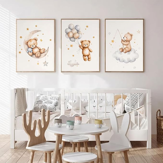 3Pcs Teddy Bear Nursery Wall Art Bear Sleeping on The Moon and Stars Wall Decor Pictures Balloon Cloud Neutral Canvas Poster Prints for Kids Baby Room Kindergarten Home Decoration 12x16in Unframed