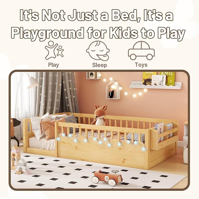 Twin Toddler Floor Bed with High Rails, Kids Montessori Bed Frame with Light and Storage Shelf, Wooden Twin Size Bed Frame for Girls and Boys, Natural