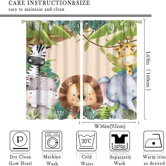 Jungle Animals Curtains Colorful Forest Cartoon Wildlife Lion Giraffe Elephant for Kids Boys Girls Nursery Bedroom Living Room Blackout Rod Pocket Decoration Window Drapes 2 Panels W36xL63in