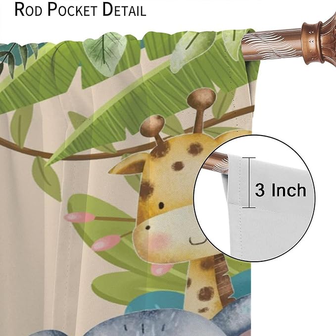 Jungle Animals Curtains Colorful Forest Cartoon Wildlife Lion Giraffe Elephant for Kids Boys Girls Nursery Bedroom Living Room Blackout Rod Pocket Decoration Window Drapes 2 Panels W26xL84in