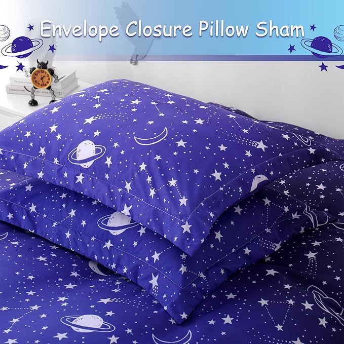 JSD Blue Stars Kids Duvet Cover Set Queen Size, 3 Piece Boys Space Theme Microfiber Comforter Cover with Pillow Shams Zipper Closure, Comforter Not Included