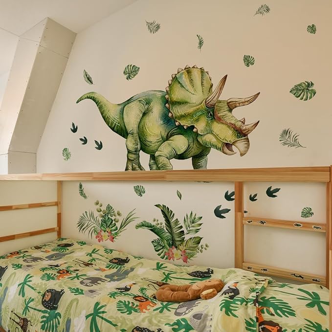 Large Dinosaur Wall Stickers, Geen Triceratops Dino with Plantain Leaf, Wall Decals Peel and Stick Decal for Nursery Kids Room Décor