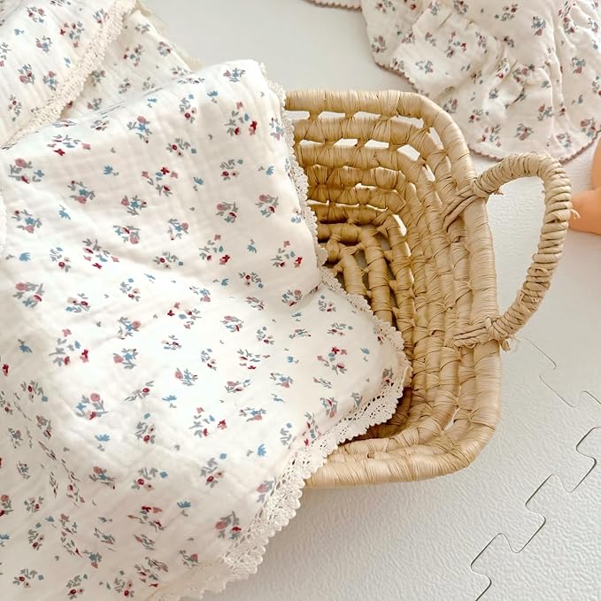 BuLuTu Elegant Floral Muslin Quilt Blankets for Kids Boys Girls Toddler Bed Blanket with Lacey Edges Soft Lightweight Toddler Comforter Crib Quilt for All Seasons, 47x59 Inches