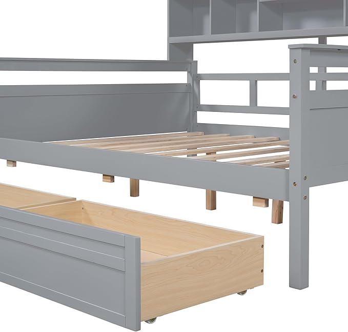 Harper & Bright Designs Full Daybed with Storage, Wooden Full Size Bed Frame with Bookcase Headboard and 2 Drawers, Full Sofa Bed with Shelves for Living Room Bedroom, No Box Spring Need, Gray