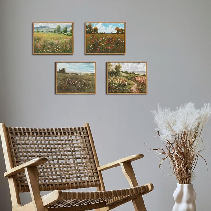 OIQArtOIQ Vintage Landscape Framed Wall Art Summer Countryside Wildflower Field Path Canvas Art Prints Farmhouse Cottagecore Pictures Wall Decor Rustic Meadow Paintings Artwork For Kitchen Bedroom